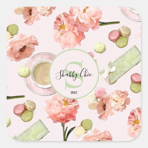 Trendy Shabby Chic Peonies and Macarons Set Square Sticker