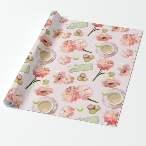 Trendy Shabby Chic Peonies and Macarons Set Wrapping Paper