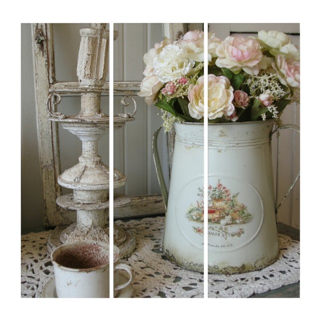 Trendy Shabby Chic white jar pastel flowers  Triptych (Front)