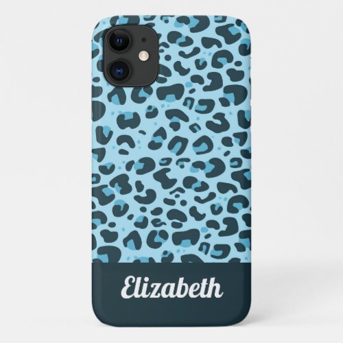 Trendy shades of blue leopard spot print w name iPhone 11 case