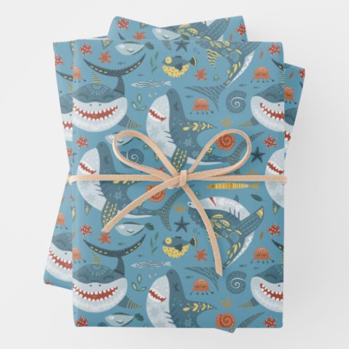 Trendy Shark Gifts Birthday Green Blue Marine Wrapping Paper Sheets