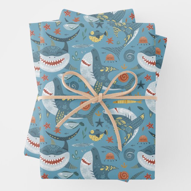 Trendy Shark Gifts Birthday Green Blue Marine Wrapping Paper Sheets (In situ)