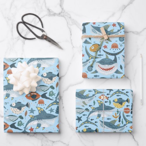 Trendy Sharks Theme Under The Sea Birthday Decor Wrapping Paper Sheets