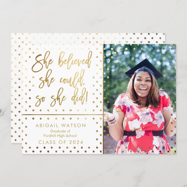 Trendy She believed Gold Photo Graduation Card (Front/Back)
