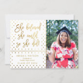 Trendy She believed Gold Photo Graduation Card (Front)