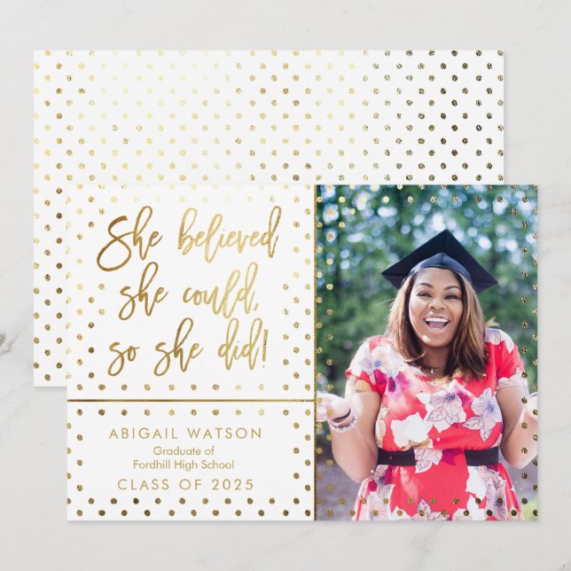 Trendy She believed Gold Photo Graduation Card (Front/Back)