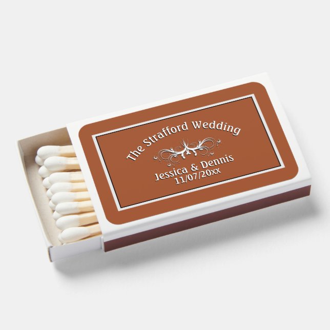  Trendy Sienna and White Personalized Favor  Matchboxes (Front Open)