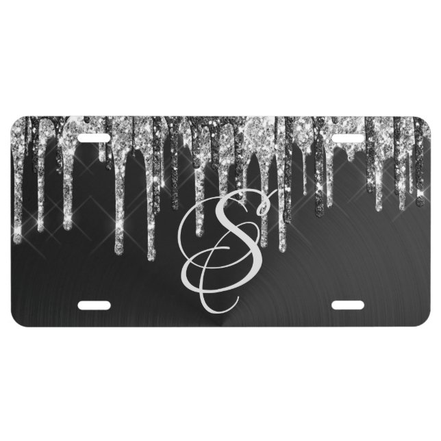 Trendy Silver Black Glitter Drips Graphic Monogram License Plate (Front)