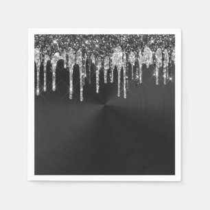 Trendy Silver Black Glitter Drips Graphic Napkins