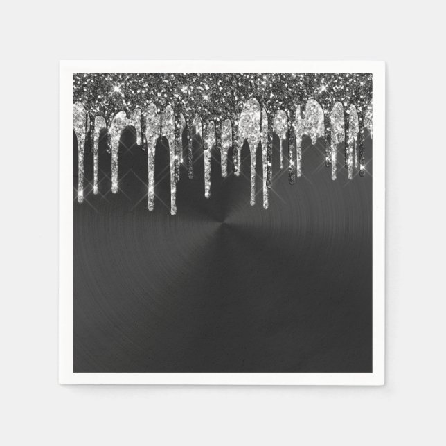 Trendy Silver Black Glitter Drips Graphic Napkins (Front)