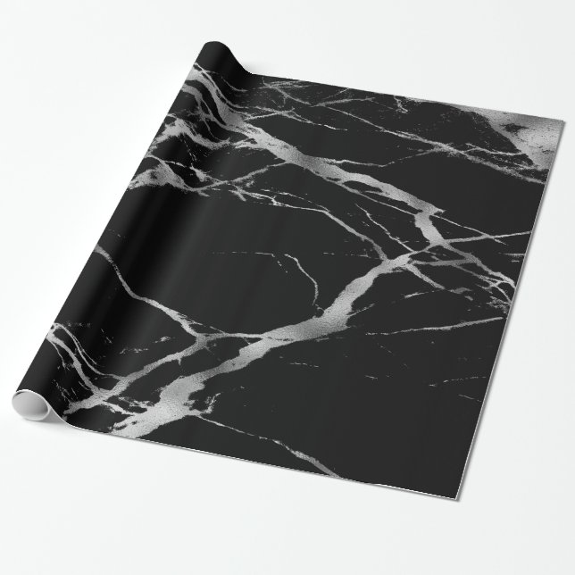 Trendy Silver Black Marble Glossy Wrapping Paper (Unrolled)