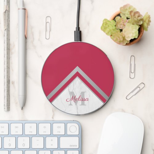 Trendy Silver Chevron Red Magenta Monogram Marble Wireless Charger