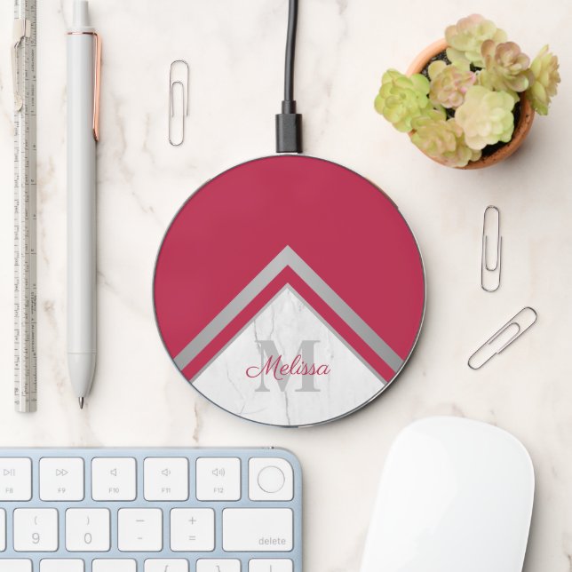 Trendy Silver Chevron Red Magenta Monogram Marble Wireless Charger (Desk)