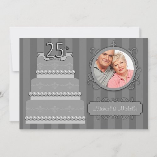 Trendy Silver Damask 25th Anniversary Photo Invite