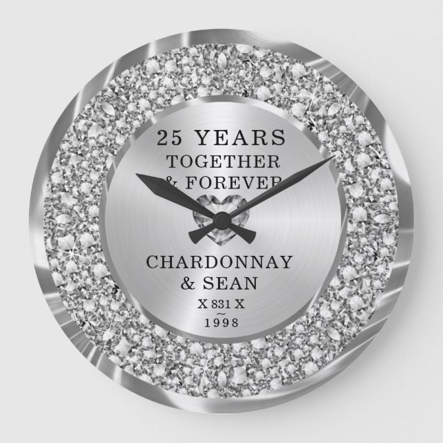  Trendy Silver Diamonds 25th Anniversary  Large Cl Clock (Front)