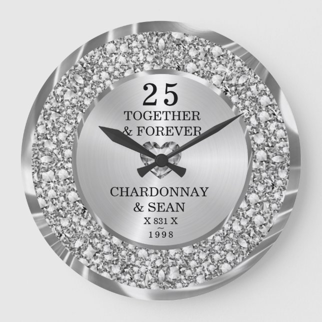  Trendy Silver Diamonds 25th Anniversary  Large Clock (Front)