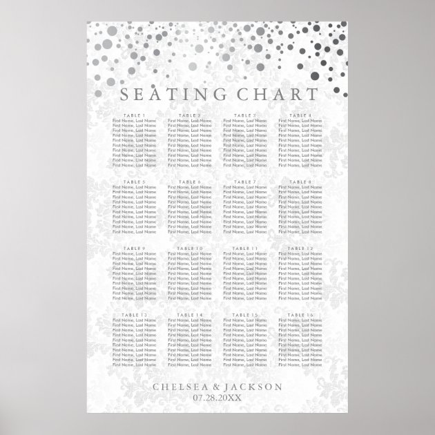 Trendy Silver Dots On White Damask- Seating Chart Poster
