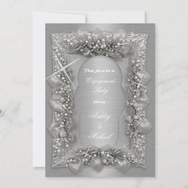 trendy silver engagement party sparkles luster invitation (Front)