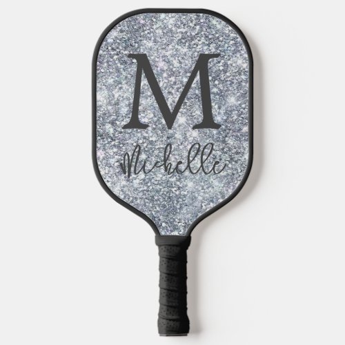 Trendy Silver Faux Glitter Monogram Initial Name Pickleball Paddle