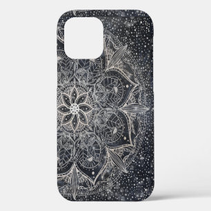 Trendy Silver Floral Mandala Blue Marble Design iPhone 12 Case