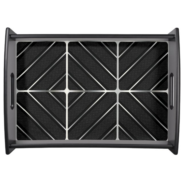 Trendy Silver Geometric Pattern Black Stylish Art Serving Tray (Front)