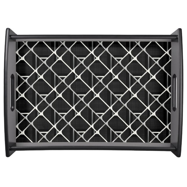 Trendy Silver Geometric Pattern Black Stylish Art Serving Tray (Front)