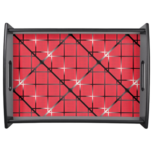 Trendy Silver Geometric Pattern Red Stylish Art Serving Tray (Front)
