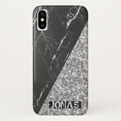 Trendy Silver Glitter And Black Marble iPhone X Case