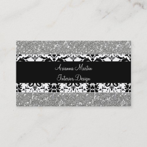 Trendy Silver Glitter Black &amp; White Damask Business Card Template
