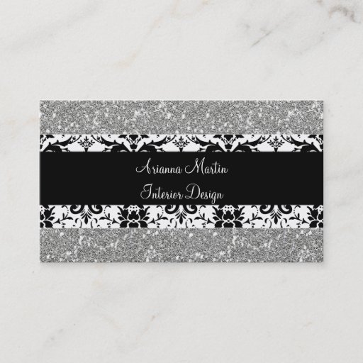 Customizable Trendy Silver Glitter Black &amp; White Damask Business Card Template