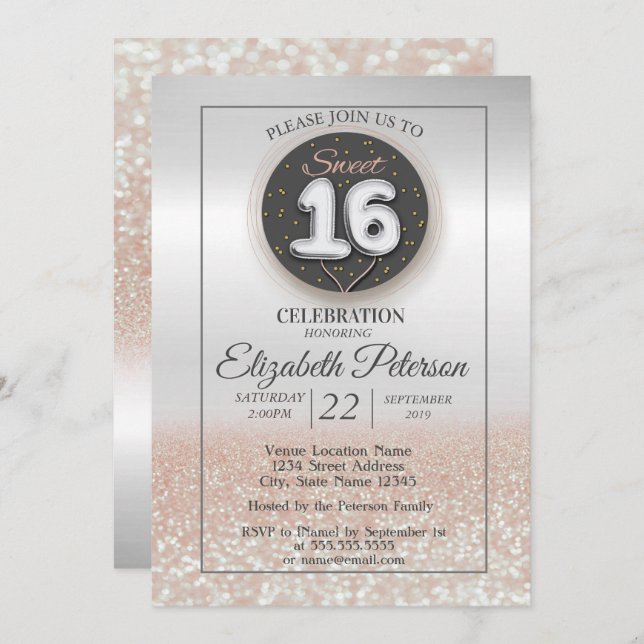 Trendy Silver Glitter Bokeh Ombre,Sweet 16 Party Invitation (Front/Back)