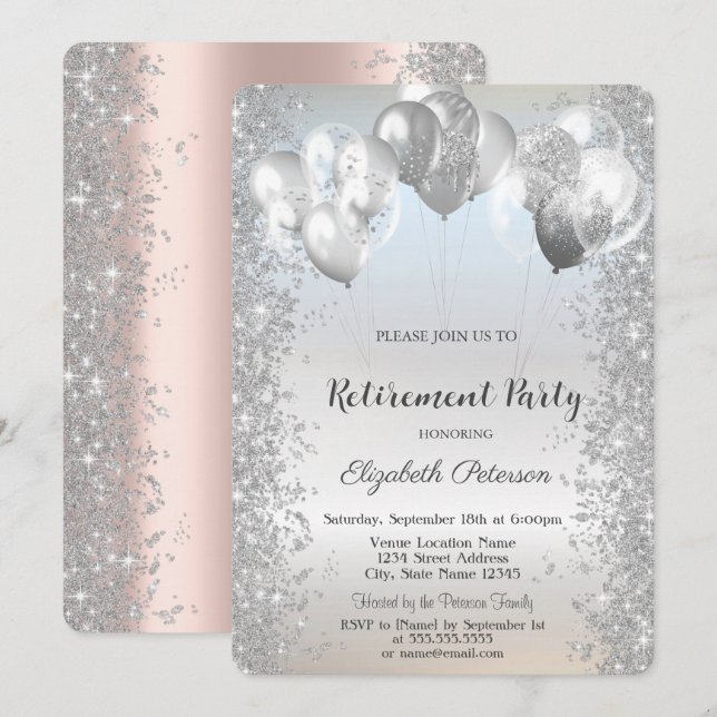 Trendy Silver Glitter Confetti Balloons Retirement Invitation (Front/Back)