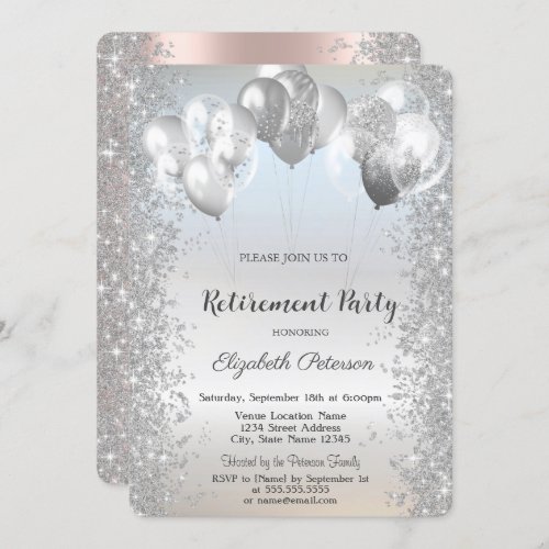 Trendy Silver Glitter Confetti Balloons Retirement Invitation
