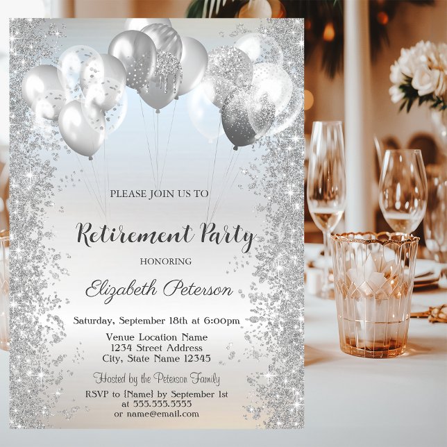 Trendy Silver Glitter Confetti Balloons Retirement Invitation (Creator Uploaded)