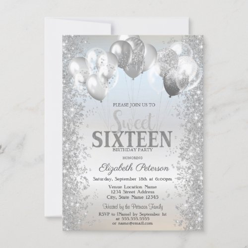 Trendy Silver Glitter Confetti Balloons Sweet 16 Invitation