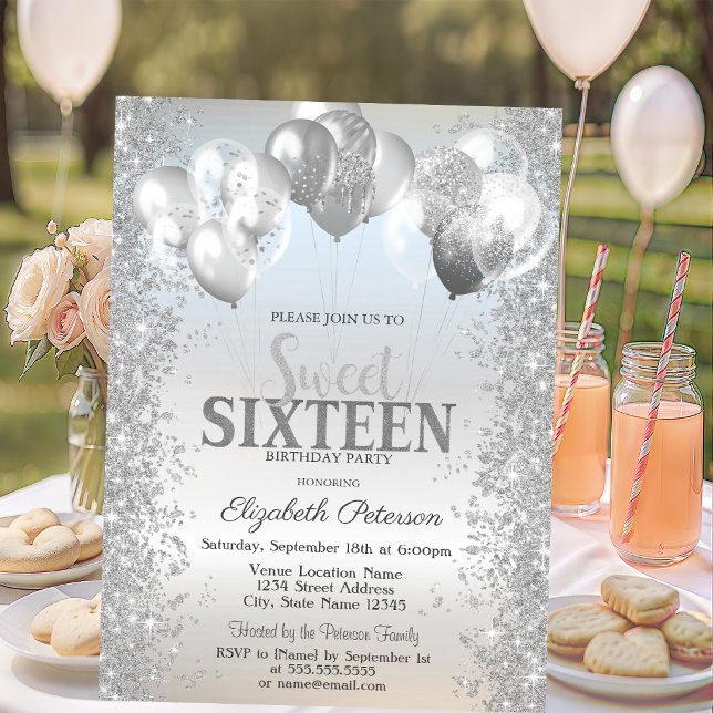Trendy Silver Glitter Confetti Balloons Sweet 16 Invitation (Creator Uploaded)