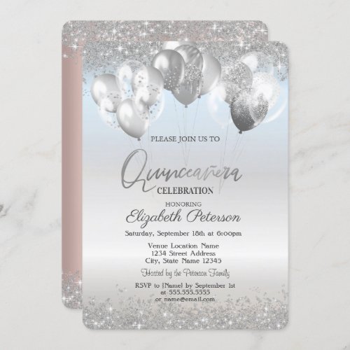 Trendy Silver Glitter Diamonds Balloons   Invitation