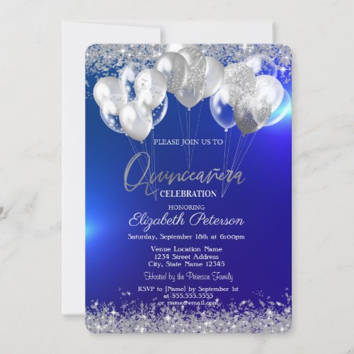 Trendy Silver Glitter Diamonds Balloons  Navy Blue Invitation