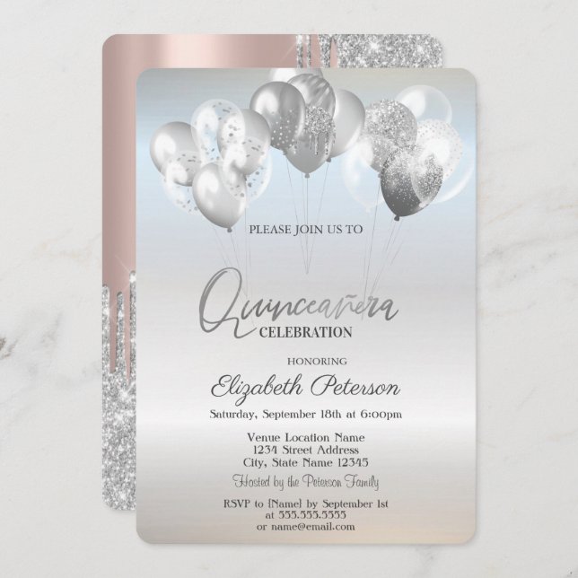 Trendy Silver Glitter Drips Balloons  Invitation (Front/Back)