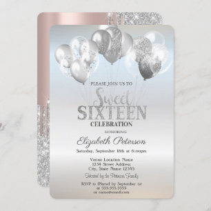 Trendy Silver Glitter Drips Balloons Sweet 16 Invitation