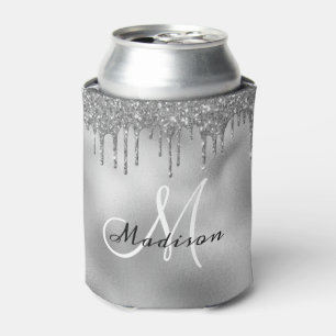 Trendy Silver Glitter Drips Monogrammed Can Cooler