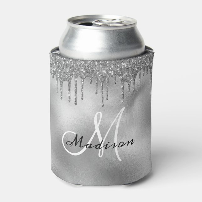 Trendy Silver Glitter Drips Monogrammed Can Cooler (Can Front)