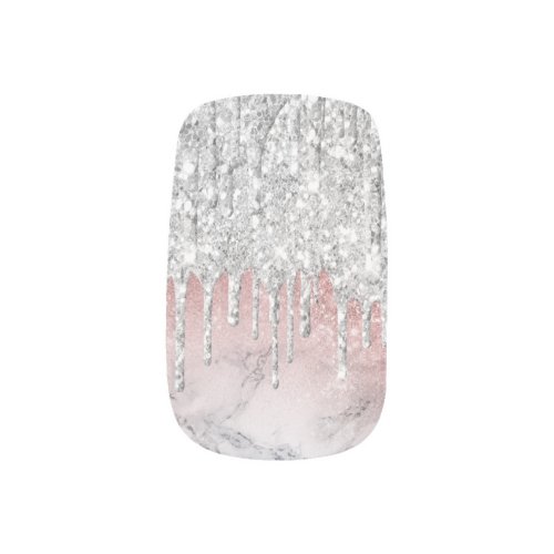 Trendy silver glitter drips on pink marble minx nail art