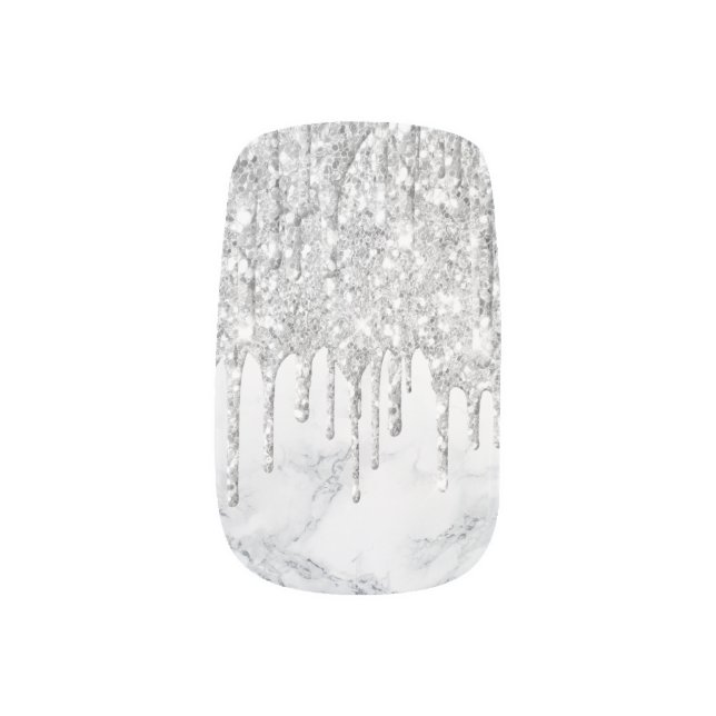 Trendy silver glitter drips on pink marble minx nail art (Left Thumb)