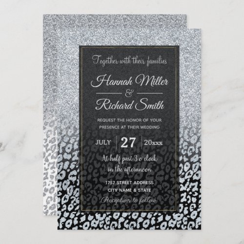 Trendy Silver Glitter  Leopard Ombre Black Print Invitation