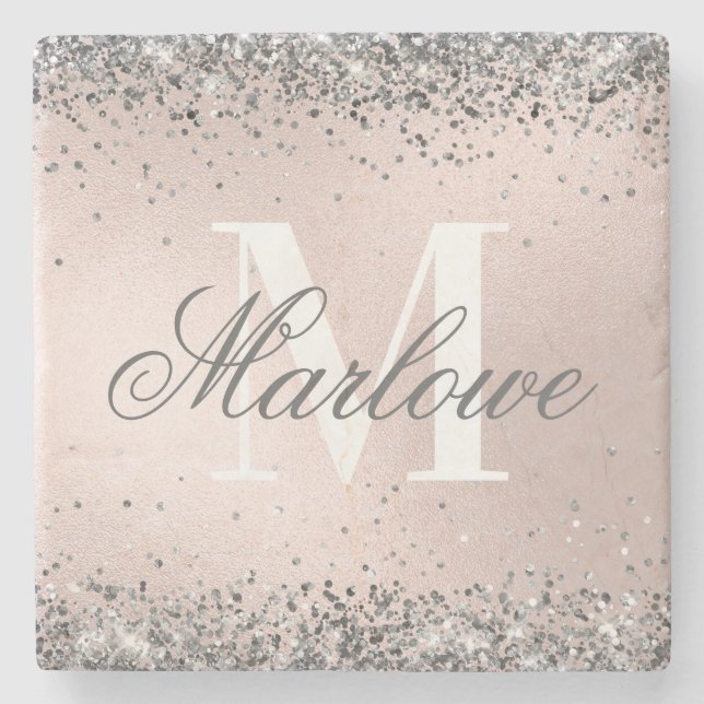 Trendy Silver Glitter Metallic Blush Pink Monogram Stone Coaster (Front)