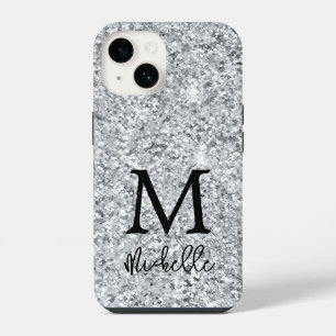 Trendy Silver Glitter Monogram Initial Name iPhone 14 Case