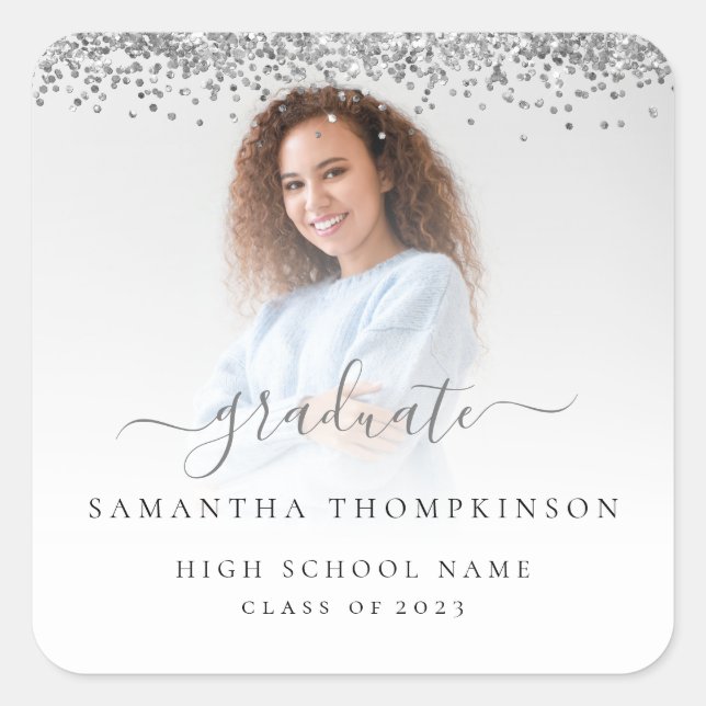 Trendy Silver Glitter Photo 2024 Graduation Square Sticker (Front)