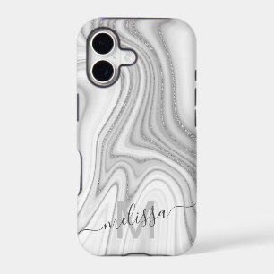 Trendy silver glitter sparkle marble name monogram iPhone 17 case