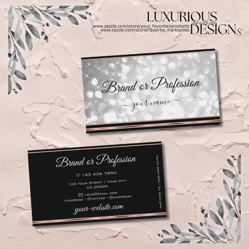 Trendy Silver Glitter Stars Black Rose Gold Border Business Card